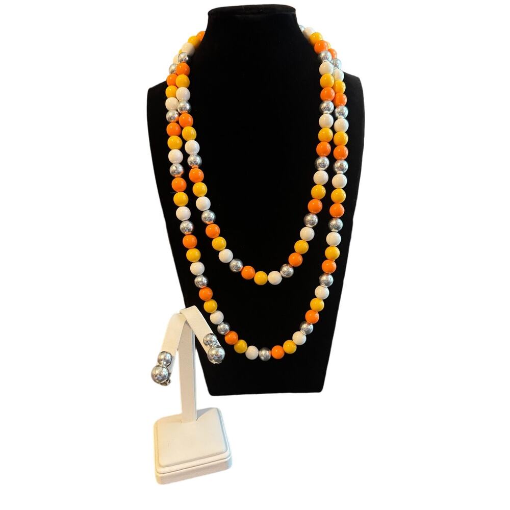 Vintage‎ Statement Necklace And Clip On Earring Set Orange Silver Yellow White